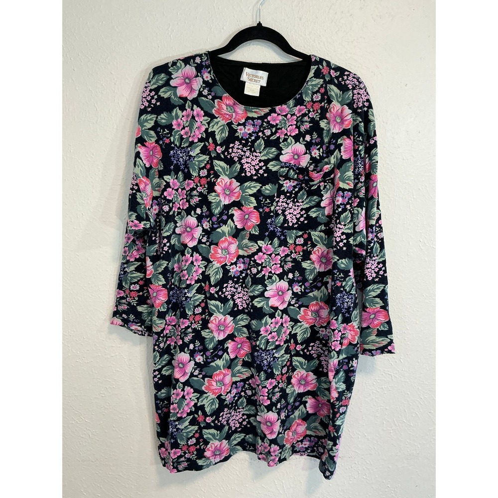 Vintage 90s Victorias Secret Floral Cotton Nightgown Sleep Shirt P/S Navy Pink